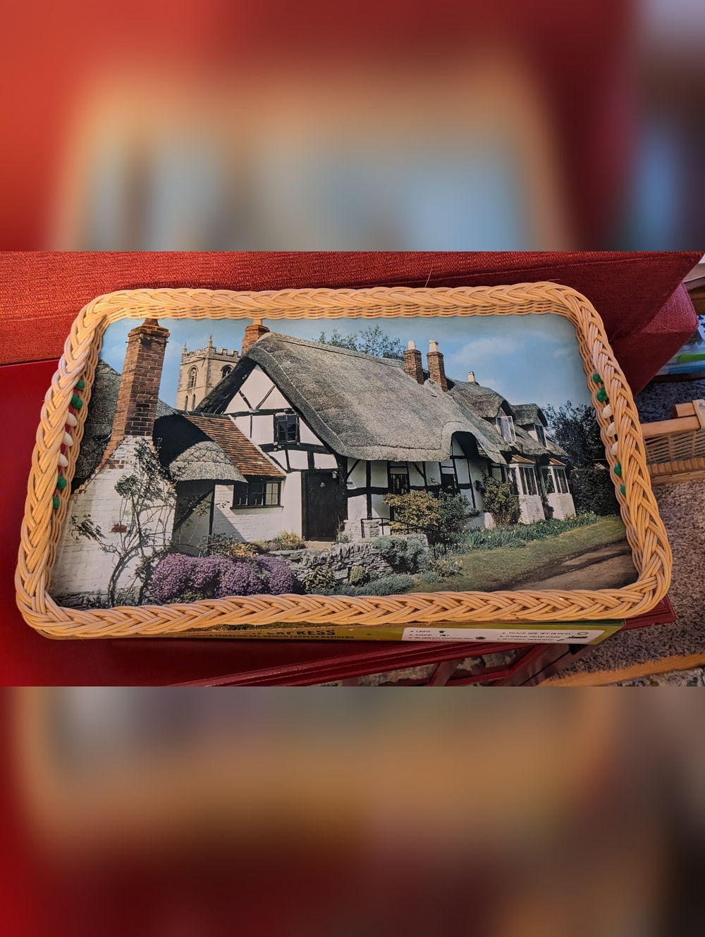Tea Tray Wicker Frame Beaded Accents English Garden Countryside Cottage Kitsch